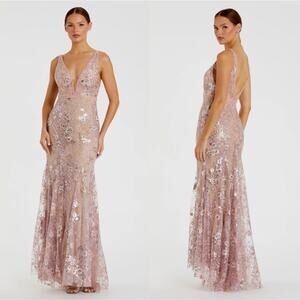 Mac Duggal 67481 Pink Floral Embellished Sleeveless Plunge Neck Gown Size 6